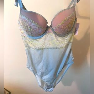 Auden Women’s Push-up Lace Detail Bodysuit W/Cutout Back, Green Size Small